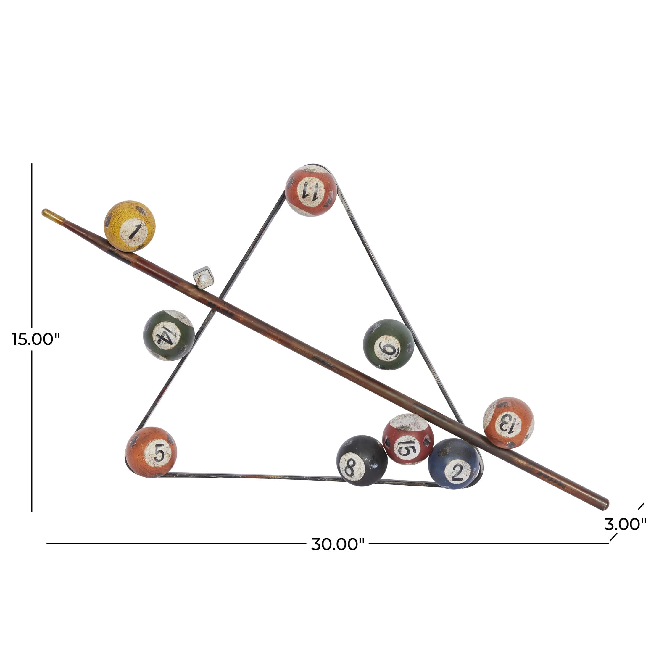 DecMode Eclectic Metal Multi Colored Billiard Set with Billiard Balls, Triangle Rack and Cue Stick Wall Décor, 30"W x 15"H