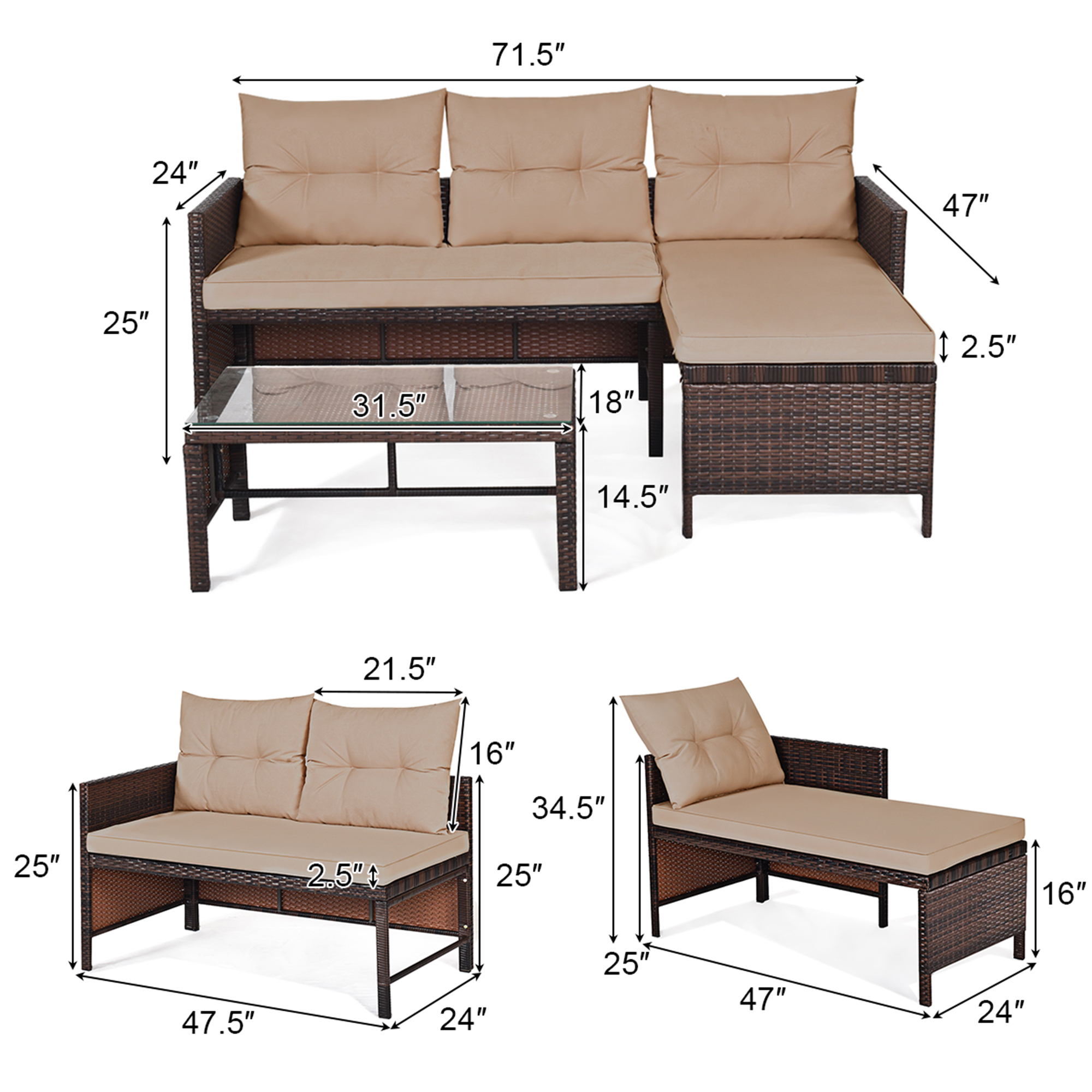 Costway 3PC Patio Sofa Set Outdoor Sectional Conversation Set Rattan Wicker - image 5 of 9