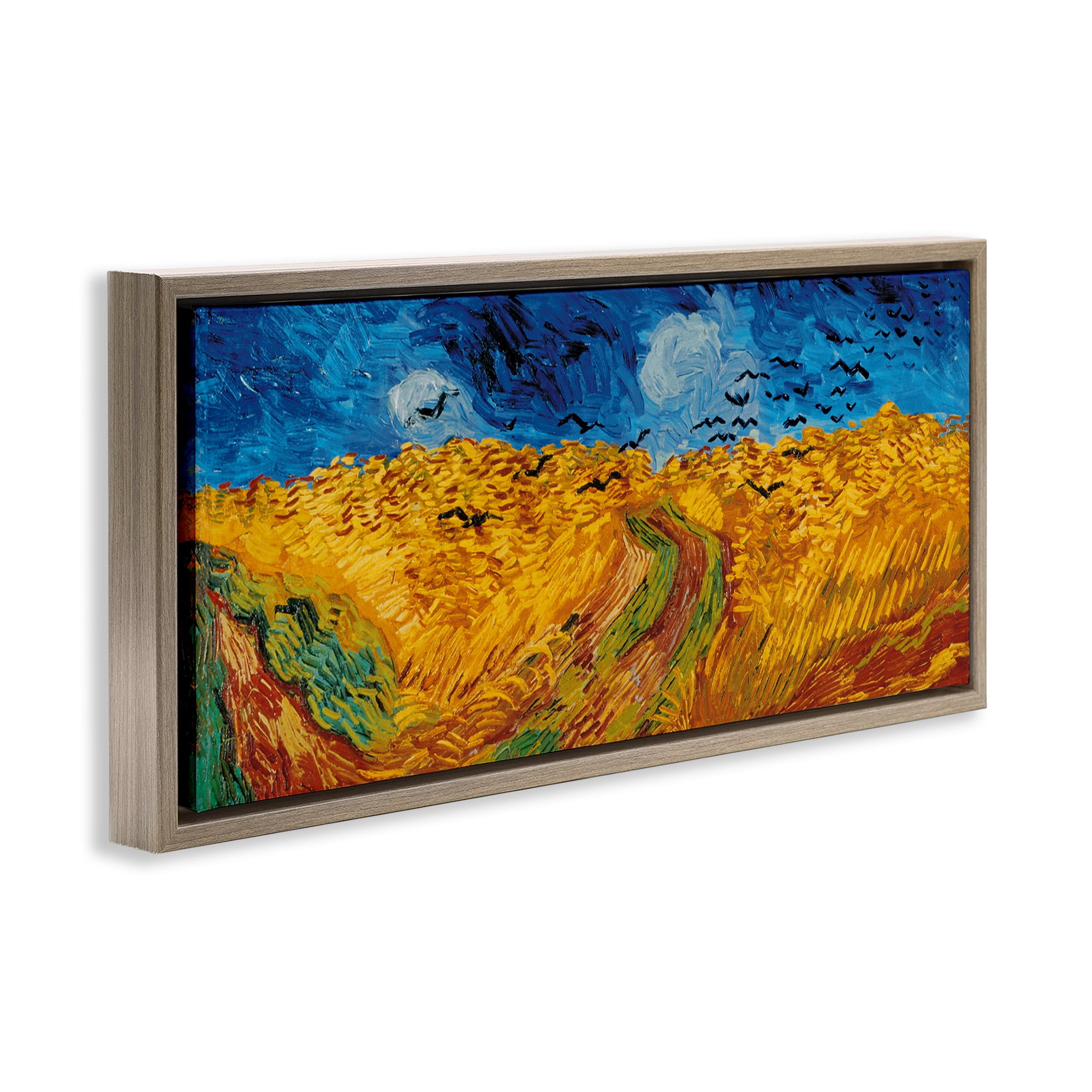 Stupell Industries Wheat Field with Crows Classic Landscape Painting Brown Floater Framed Canvas Art Print Wall Art, 31 x 14