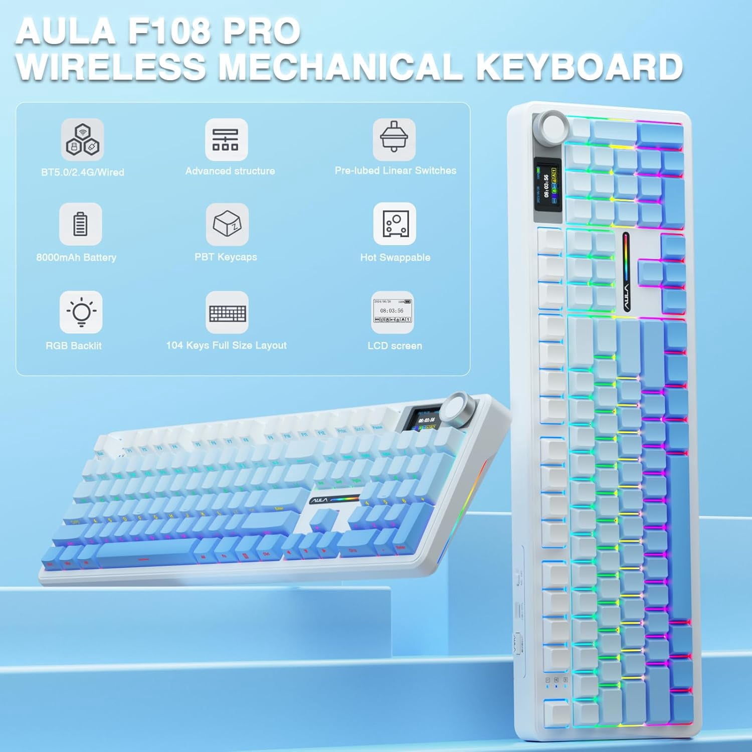 Restored AULA F108 PRO - Wireless Mechanical Keyboard with Screen&Knob,Hot Swappable Gaming Keyboard with 8000mAh Battery,Pre-lubed Switches,RGB Backlit,PBT Keycaps Creamy Sounding Computer Keyboards (Refurbished)