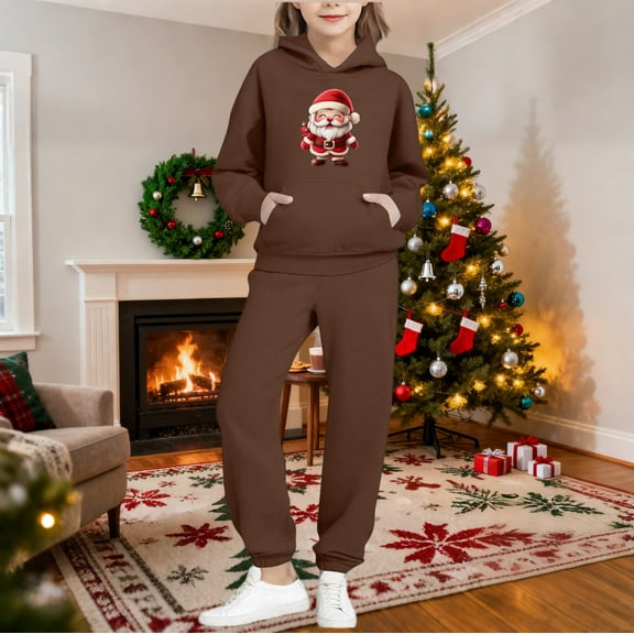 ATOGUTA Kids Outfits for Girls Tracksuit Christmas Hoodie Sweatshirt and Sweatpants Joggers Set with Pockets Size 2T-14, Brown