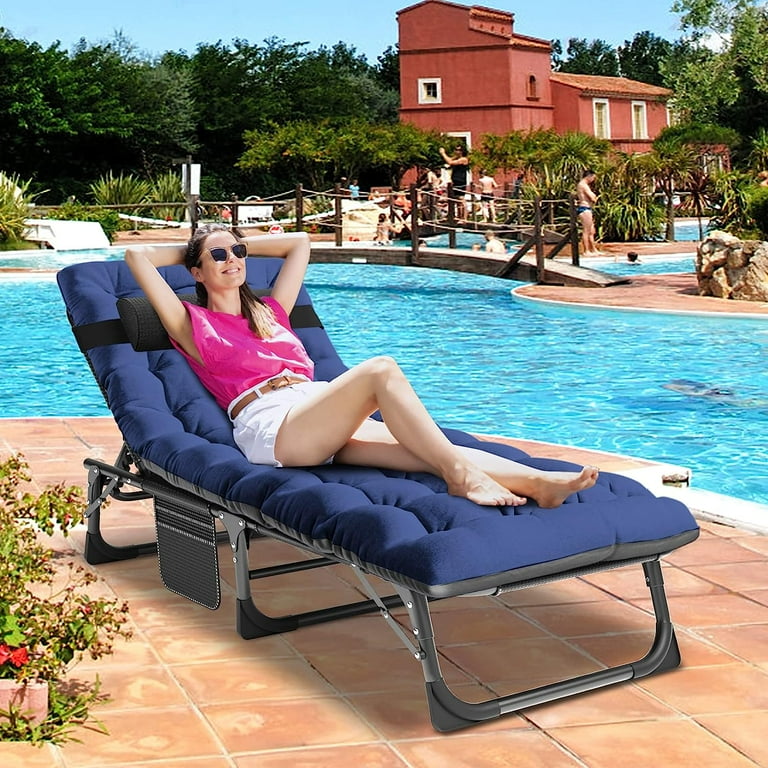 Slsy Folding Lounge Chair 5 Position Adjustable Outdoor Reclining Chair Folding Sleeping Bed Cot Folding Chaise Lounge Chair for Pool Beach Patio
