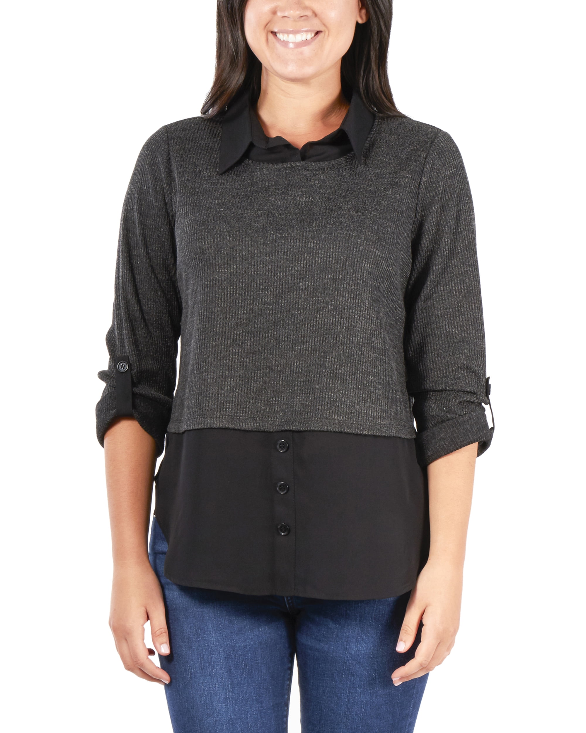 NY Collection Women's Push Tab Button Up Blouse with Sweater Overlay