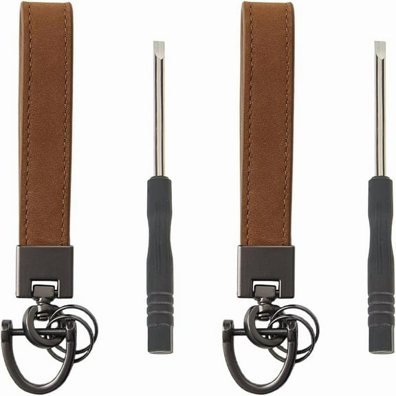 2 Sets Cowhide Wristlet Strap Keychain Long Strap with Metal D Ring Screwdriver Camel Genuine Leather Car Key Chain Alloy Findings Accessory Holder for Car Key Handmade Keychain Women Men