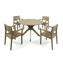 Jaxson Outdoor 5 Piece Acacia Wood Dining Set with Round Table, Gray