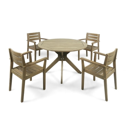 Jaxson Outdoor 5 Piece Acacia Wood Dining Set with Round Table, Gray