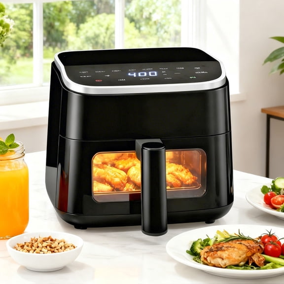 Sybels 4QT Digital Air Fryer: 1500W, Visible Window, 8 Presets, 400°F, 60-Min Timer, Auto Shut-Off, Dishwasher-Safe Basket, Black