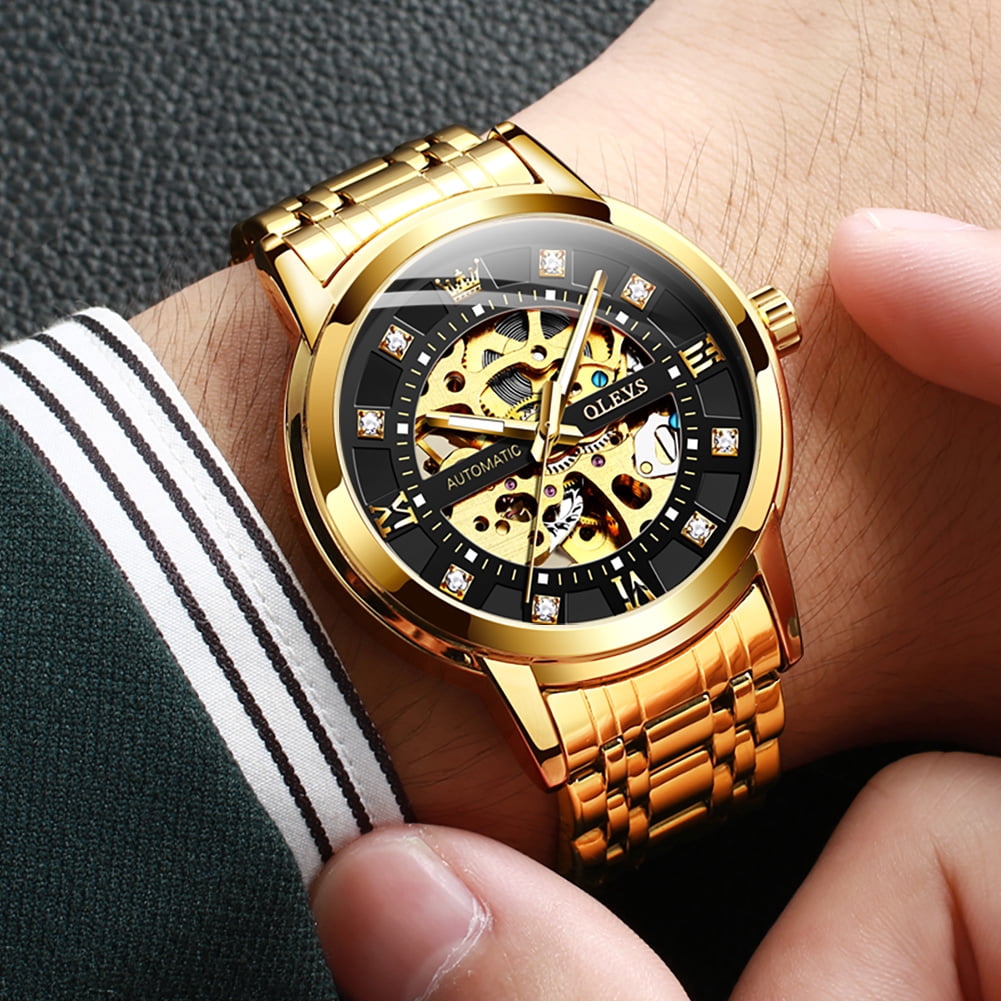 OLEVS Skeleton Watches for Mens Automatic Mechanical self Winding Diamond Luxury Business Dress Stainless Steel Waterproof Luminous Mens Wrist Watches Reloj Para Hombre Blue/White/Black/Gold Dial