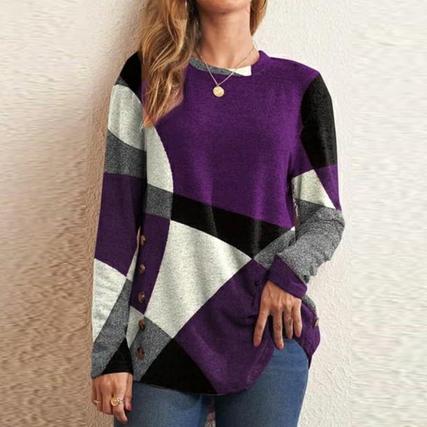 ICHUANYI Clearance Women Fashion Casual Round Neck Buttons Geometric Contrast Color Long Sleeve T-Shirt Top(Purple, M) ICHUANYI WER2023080707775