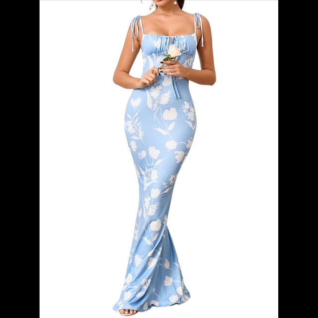 Vestido Maxi Bohemio de Verano para Mujer, con Estampado Floral, Tirantes Finos, Sin Mangas y Ajustado Tulipanes Blancos L