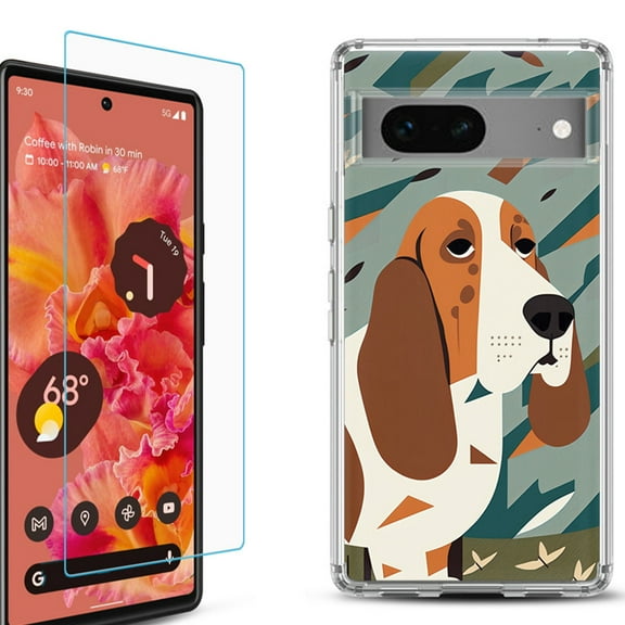 OneToughShield ® for Google Pixel 7a Shockproof Bumper Phone Case, with Tempered Glass Screen Protector - Basset Hound