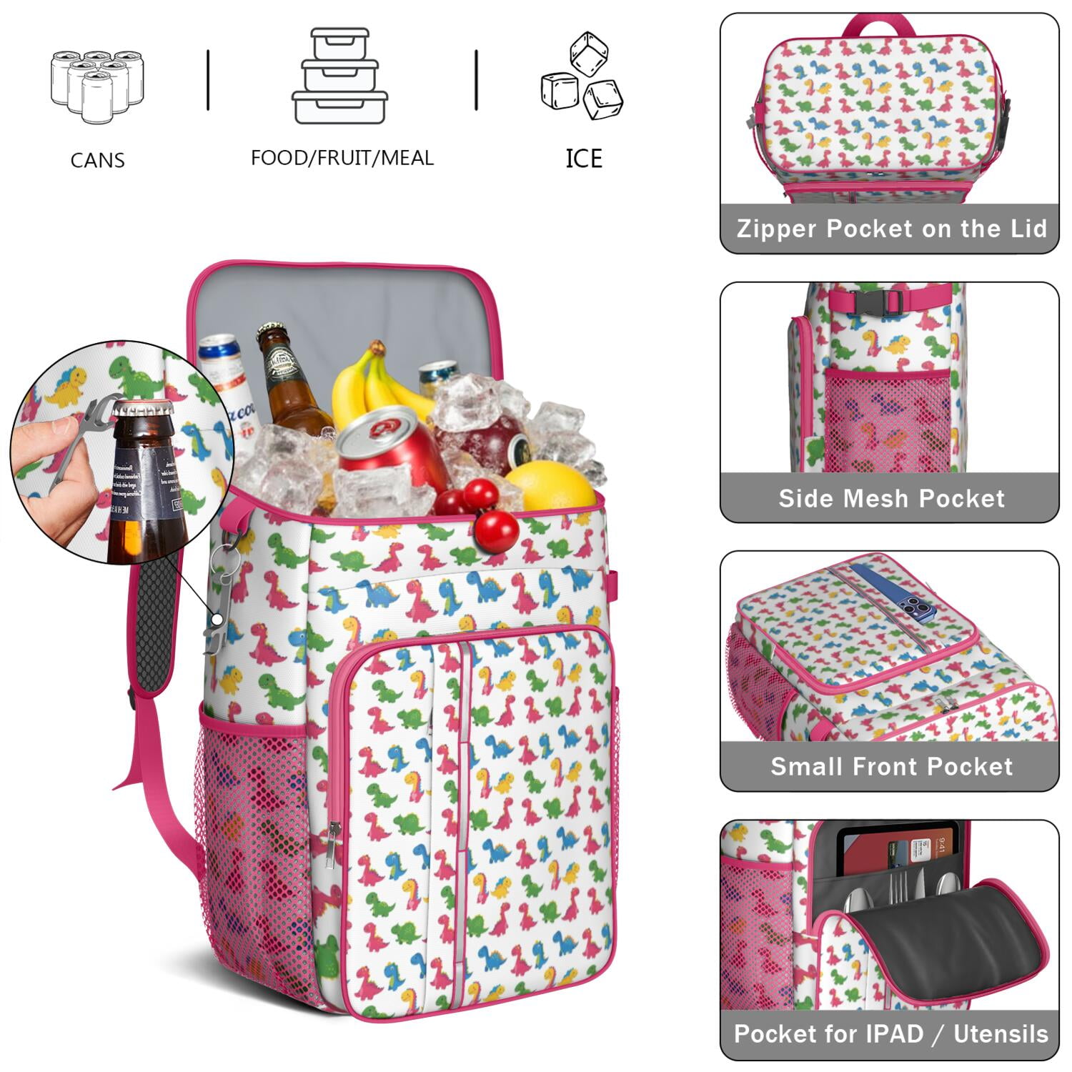Travel Cooler Bag - White Colorful Tiny Dinosaurs Pattern Camping Beer Cooler Backpack with Bottle Opener- Waterproof Insulated Picnic Backpacks - Cooler Bag for Beach