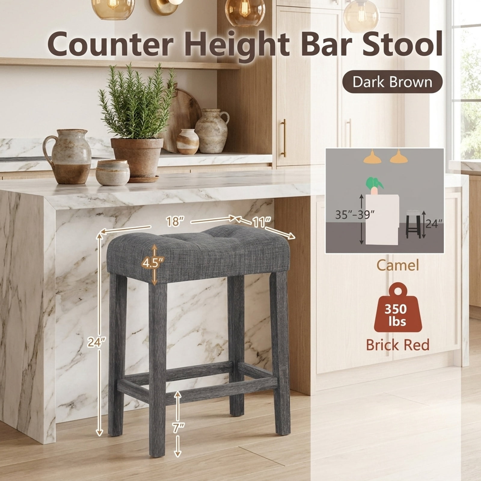 Furnibear 24 Inch Set of 2 Saddle Bar Stools with Padded Seat for Kitchen Island Counter Bar Pub Dining Home, Gray