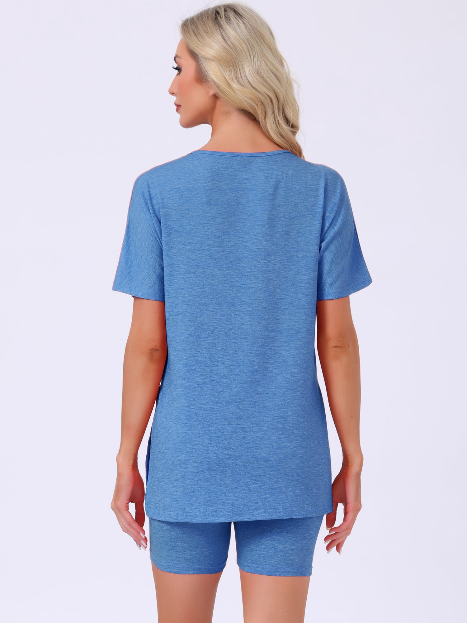 DARING DIVA Women's Soft Pajama Set Split Jersey Knit Tops with Fitted Shorts S Blue