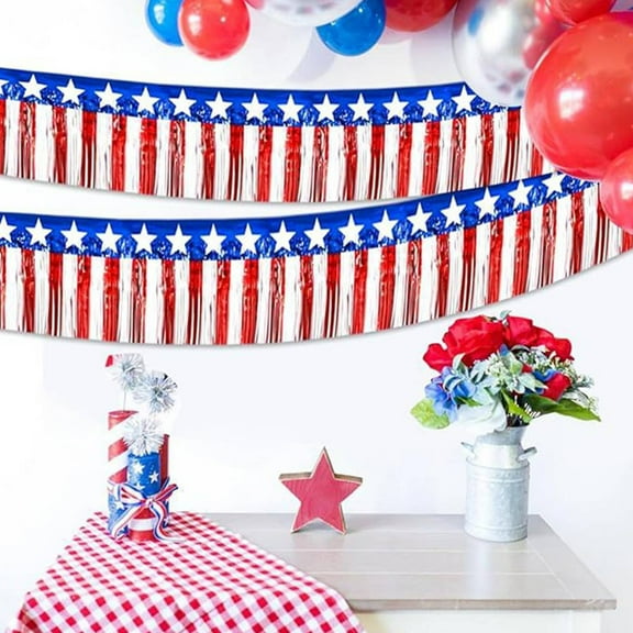 9.84 Feet Foil Fringe Garland Tinsel Streamers 4th of July Decorations Red White and Blue Star Metallic Hanging Backdrop Banner Table Skirts For Floats Patriotic Party