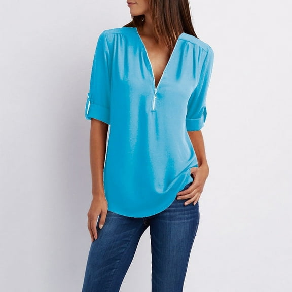 Abcnature Women Zipper Button Tops Long Sleeves Loose Chiffon Shirt Blouse T-shirt Sky Blue 3XL