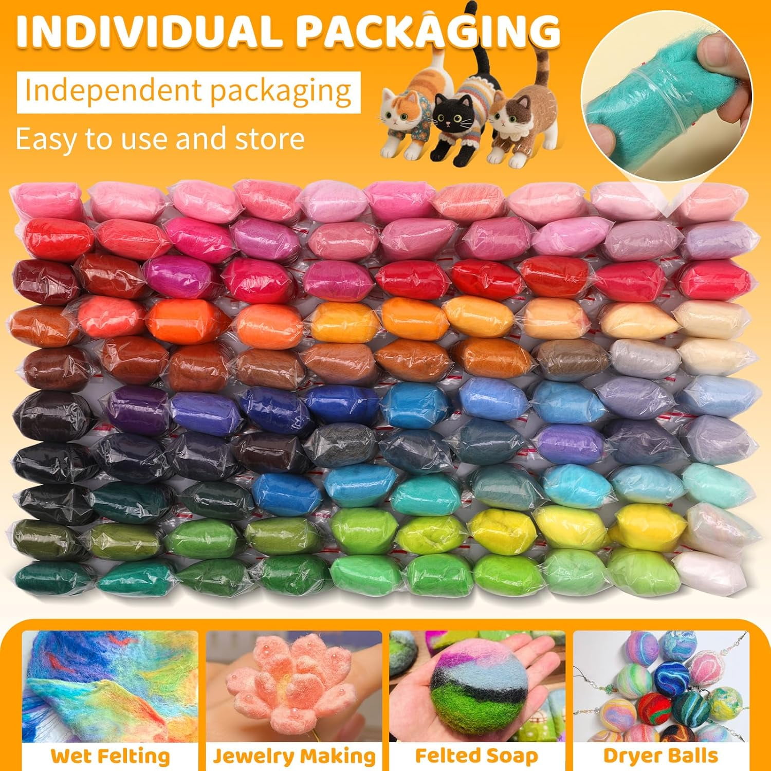 100 Colors Needle Felting Wool, Wool Roving 3g per Color, 10.5 oz Total, Premium Felting Wool for DIY Craft, Fiber Art and Hand Spinning, Needle Felting Supplies, Felting Kit