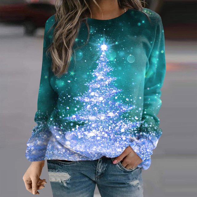 jsaierl Chemises de Noël pour Femmes Mode Paillettes Arbre de Noël Imprimé 3D Hauts Chandails en Molleton Tunique à Manches Longues Chandail pour Femmes