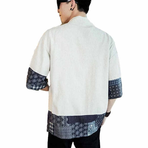 Sonducket Kimono tradicional para hombre, chaquetas, ropa de disfraz, cárdigan de lino, abrigo de media manga, prendas de vestir, camisa, ocio Camisetas Blanco XXL