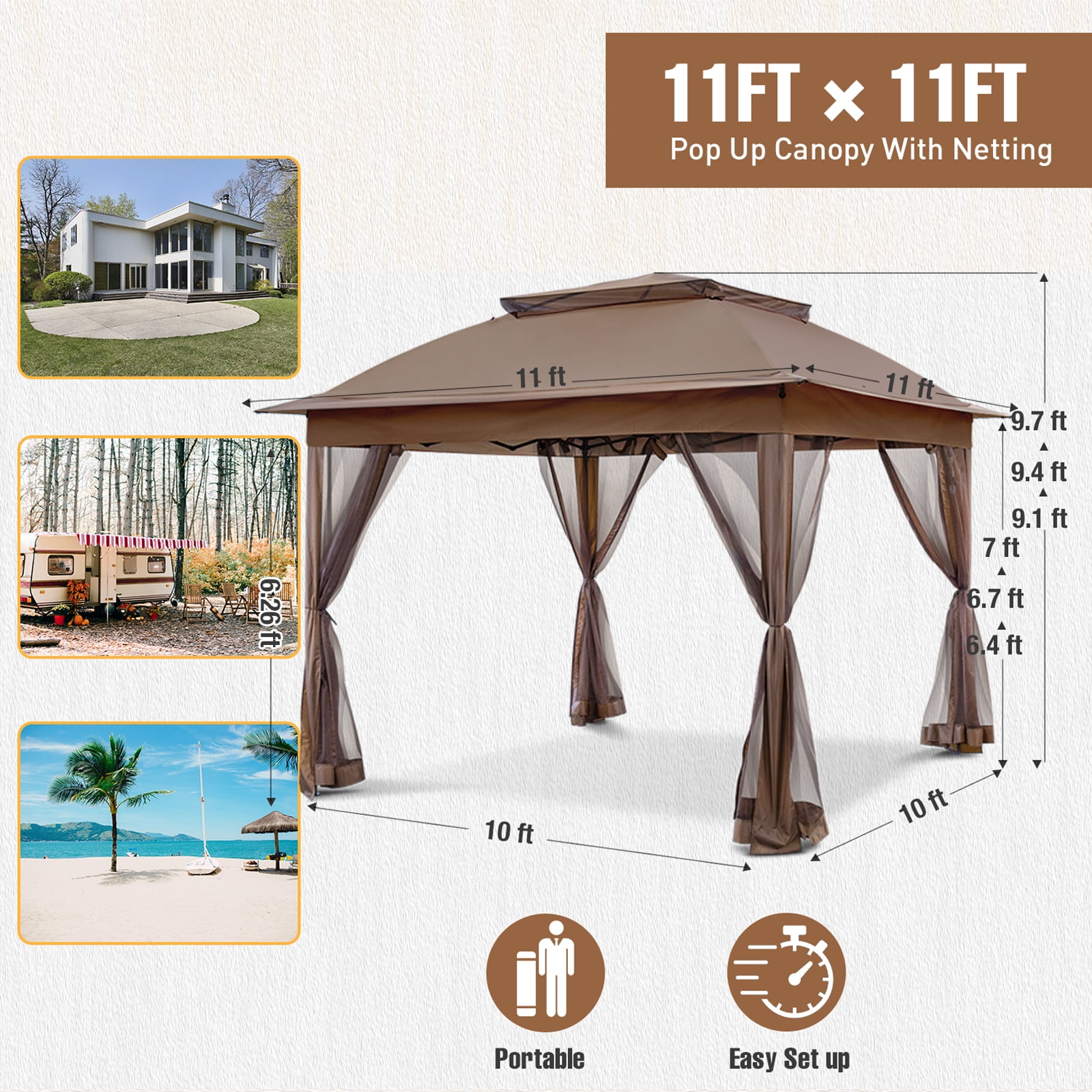 INTER HUT 11x11 Outdoor Pop up Gazebo Tent with Mesh Walls for Patio, Lawn, Backyard and Deck, Brown