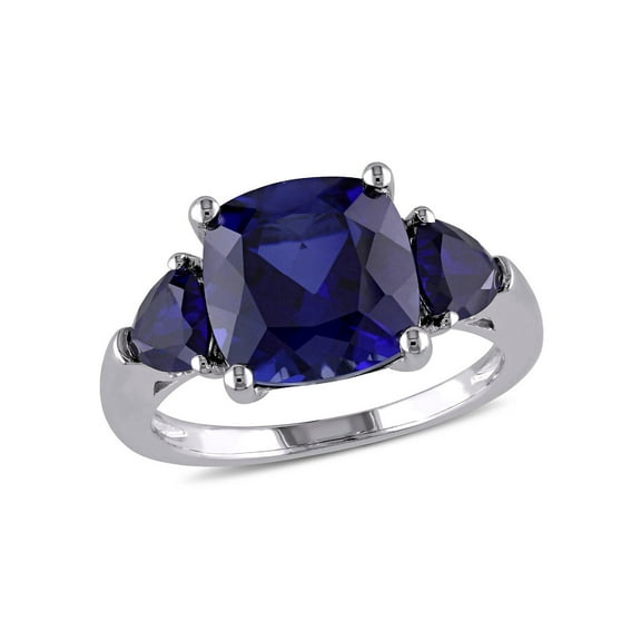 7.10 Carat (Ctw) Lab-Created Blue Sapphire Three Stone Ring in Sterling Silver for Women