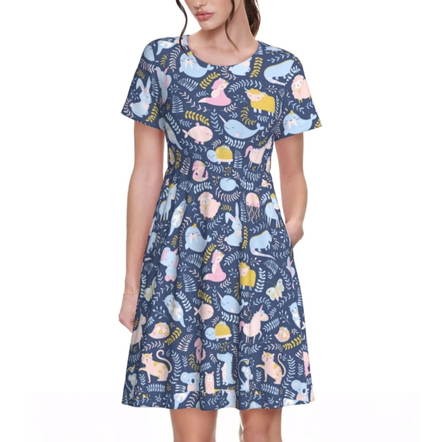 Balery Cute Baby Animals Vestidos sueltos de manga corta para mujer, vestidos de verano 2025, vestidos casuales de corte A con vuelo.