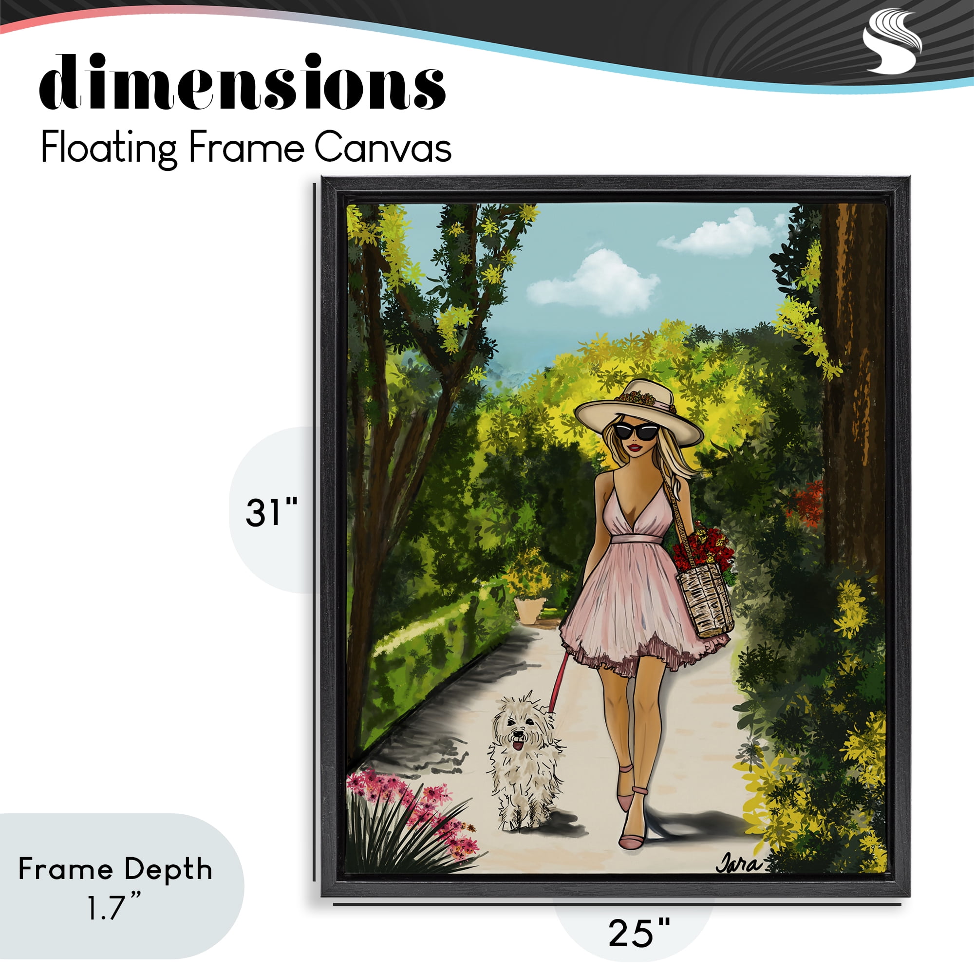 Stupell Industries Garden Girl Strolling with Pup Black Framed Floater Canvas Wall Art, design by Tara Boone