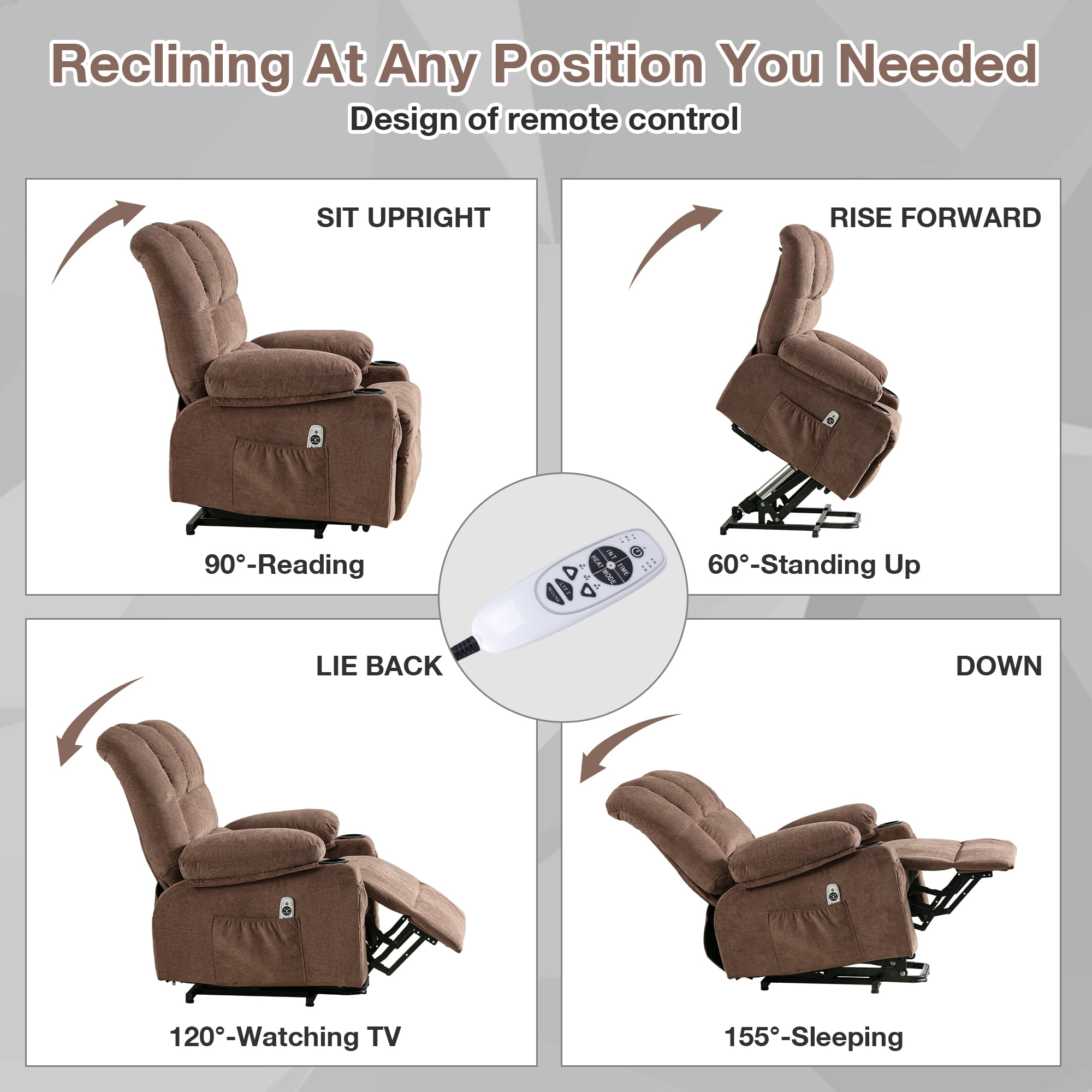 UHOMEPRO Power Lift Recliner Chair for Elderly with Heat and Massage, Recliner Chair for Livingroom with Infinite Position and Side Pockets , USB Charge Port, Cup Holders Fabric, Brown