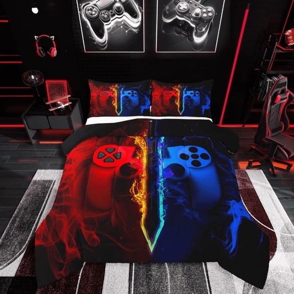 Castle Fairy Lightsaber Gamepads Boy 2pcs Bedding Comforter Set,Video Game Twin Comforter Sets,Abstract Gradient Breathable Bedding Set,Luxury Bedroom Decor