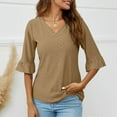 thumbnail image 2 of gbyLJF Womens 3/4 Length Sleeve Tops Loose V-Neck Eyelet T-Shirts Fall Dressy Casual Ruffle Sleeve Tunic Blouses Brown S, 2 of 5