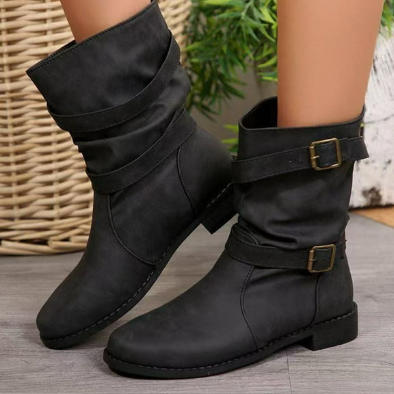 Wowcloth Fashion Casual Mid-Calf Boots for Women – Stylish Buckle Slip-On with Round Toe & Chunky Heel for Winter Footwear