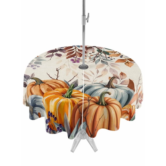 Outdoor Tablecloth with Umbrella Hole and Zipper, Orange Blue Fall Round Table Cloth 60 Inch Waterproof Tablecloth, Retro Thanksgiving Pumpkins Botanical Picnic Table Cover for Patio Camping