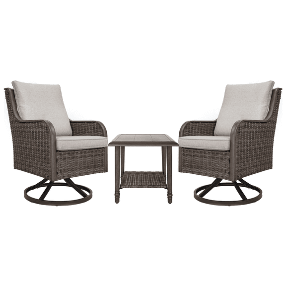 MOLIBYME Outdoor 3-Piece All Weather Wicker Bistro Set, Rattan Wood Grain Finish Furniture Chairs with Side Table for Outside Porch Backyard, Off White Cushion