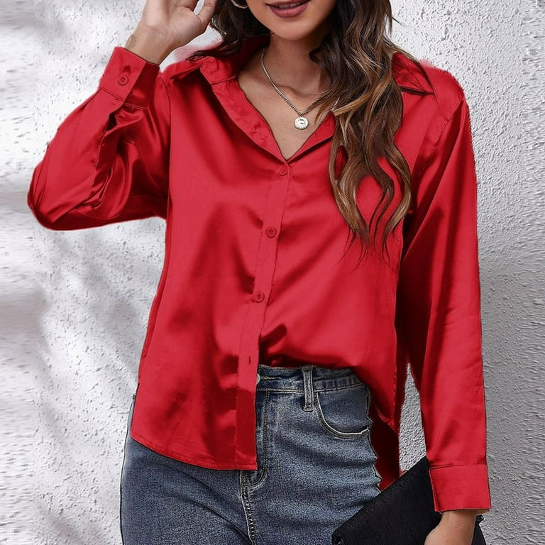 xiuh solid color lapel neck satin shirt women's satin long sleeved shirt  casual loose blouse leisure flowy shirts