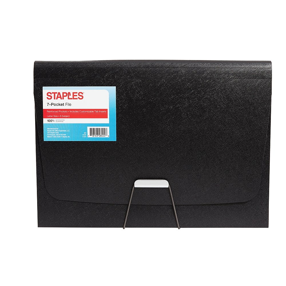 Staples Plastic Expandable Reinforced 7Pocket File Letter Size Black