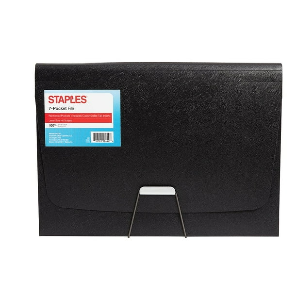 Staples Plastic Expandable Reinforced 7Pocket File Letter Size Black