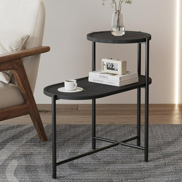 Round Coffee Table with Storage Tray 2 Tier Oval End Tables Wooden Small Side Table for Living Room (Black), DCJZ-Tables0120