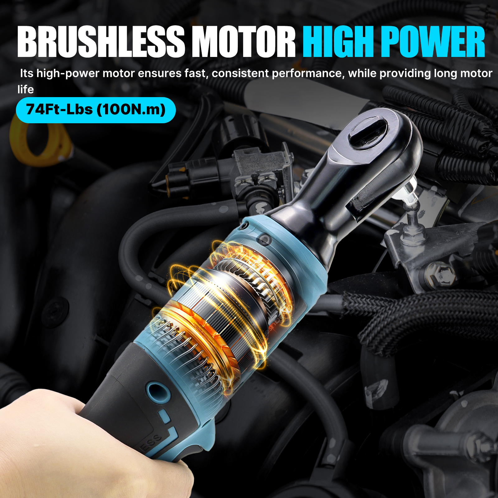 iMeshbean 21V Electric Cordless Ratchet Wrench 3/8" Right Angle Wrench Impact Power Tool 2 Battery