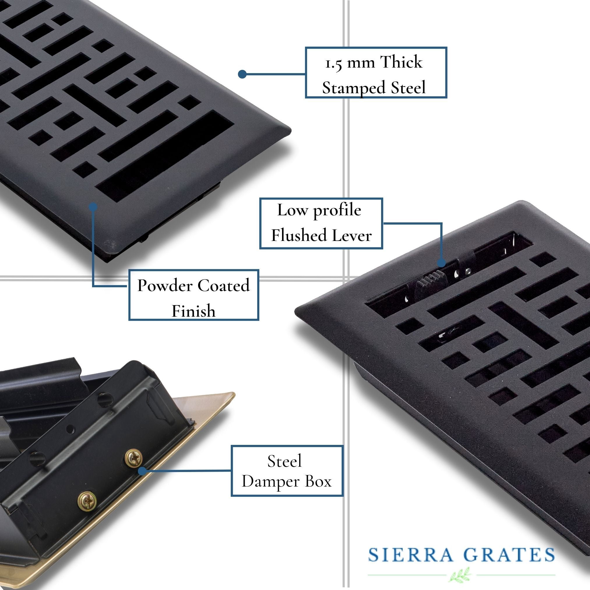 Sierra Grates Metro Floor Register 4 inch X 14 inch Cast Iron Black