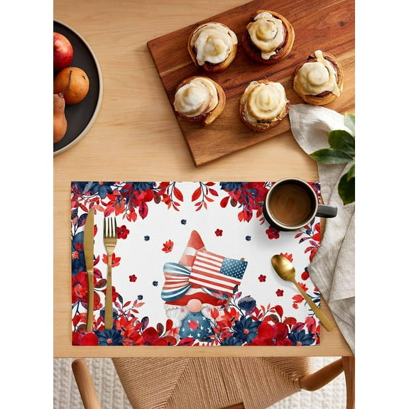 4th Of July Placemats Set of 4, Washable Woven Burlap Cloth Fabric Placemat for Square/Rectangle/Round/Oval Dining Table, Easy Clean Place Mats for Toddlers, Kids Gnomes Spring Summer Floral Red White
