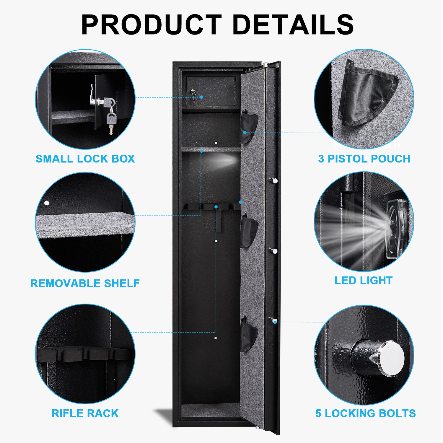 Kavey 3-5 Long Gun Safe, Digital Gun Safe for Shotguns, Quick Access Gun Storage Cabinet with LED Light, Pistol Pouches, Inner Cabinet & Removable Rack