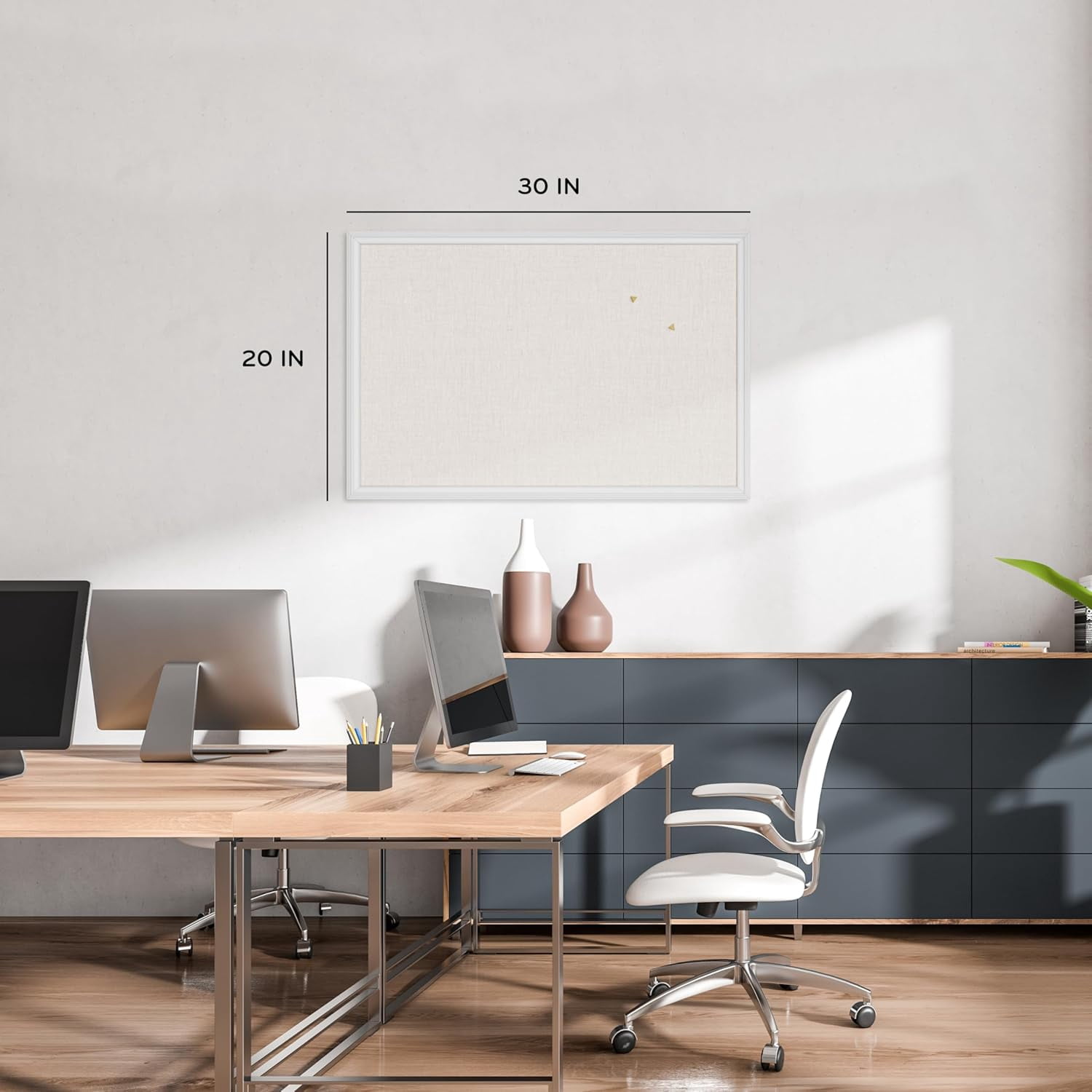 Farmhouse Linen Bulletin Board, 30" x 20", White Wood Frame, Wall Mounted Pin Board for Home Office, Classroom & Kitchen, Includes Push Pins