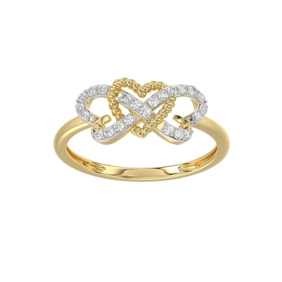 10K Yellow Gold Infinity Triple Heart Promise Ring for Women, 0.15 CTW Round Natural Diamond