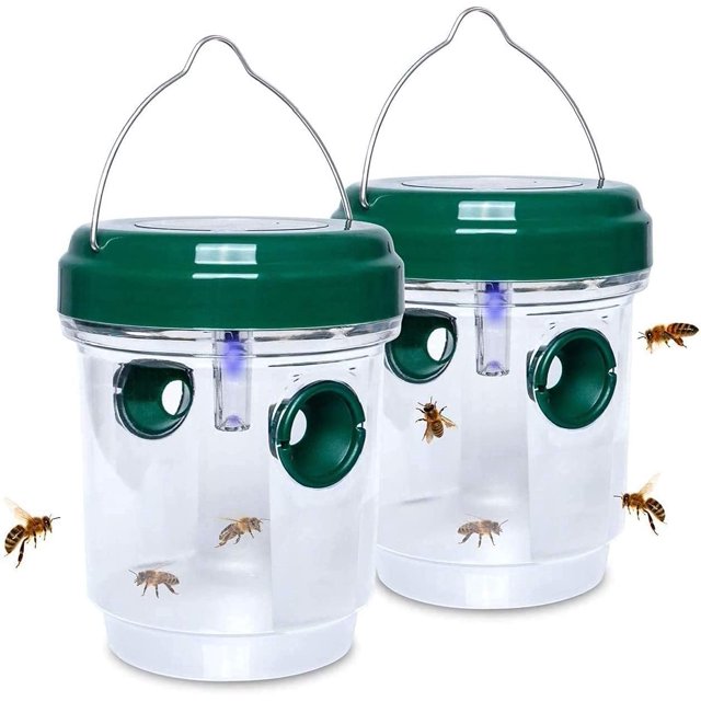 2 unidades de mataavispas, trampa para avispas con energía solar y luz LED ultravioleta, trampas reutilizables para insectos, atrapamoscas, avispones, chaquetas amarillas y avispas (verde)
