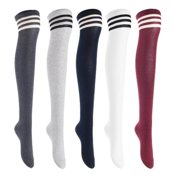 Lian LifeStyle Women's 5 Pairs Adorable Comfortable Soft Thigh High Over Knee High Cotton Socks, Size 6-9, JMYP1022 DarkGrey, LightGrey, Navy, White, Wine