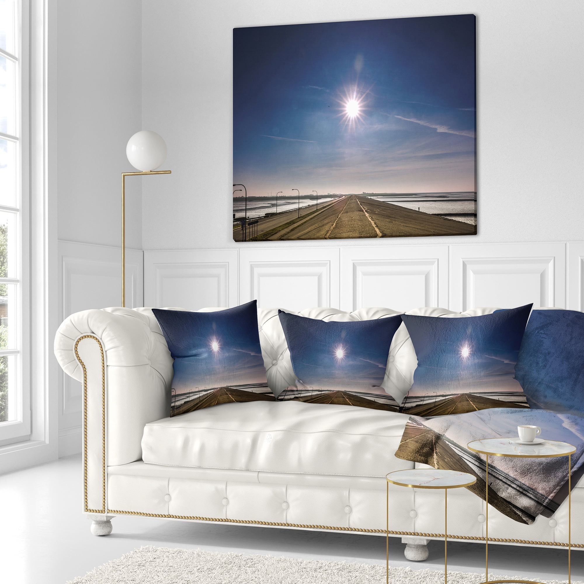 Designart Sun in Blue Sky on Dyke Germany - Landscape Printed Throw Pillow - 16x16
