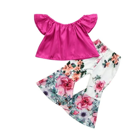 

Fesfesfes 2Pcs Toddler Baby Kids Girls Solid Off Shoulder Tops+Floral Pants Set Outfits