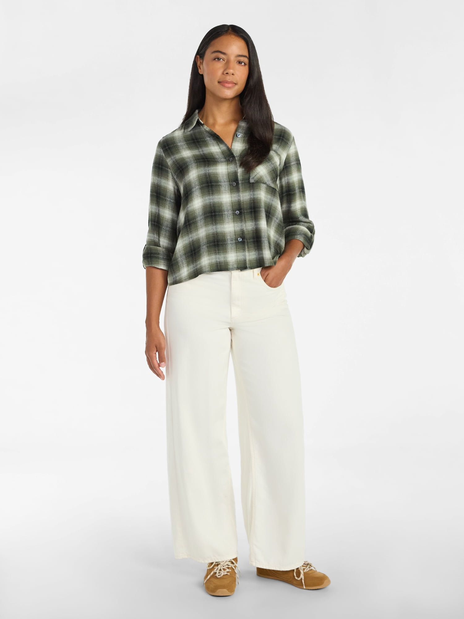 Time and Tru Women's Cropped Flannel Shirt with Long Sleeves, Sizes XS-XXXL