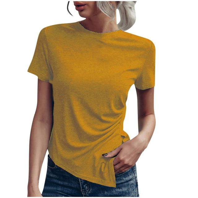 cfhntfmh Hauts pour Femmes T-Shirt à Manches Courtes 2025 Mode Été Col Rond T-Shirts Ourlet Arrondi T-Shirt Basique