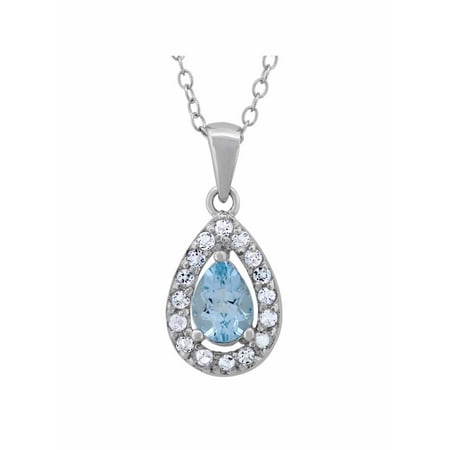 Aquamarine and White Topaz Sterling Silver Pear-Shape Halo Pendant, 18
